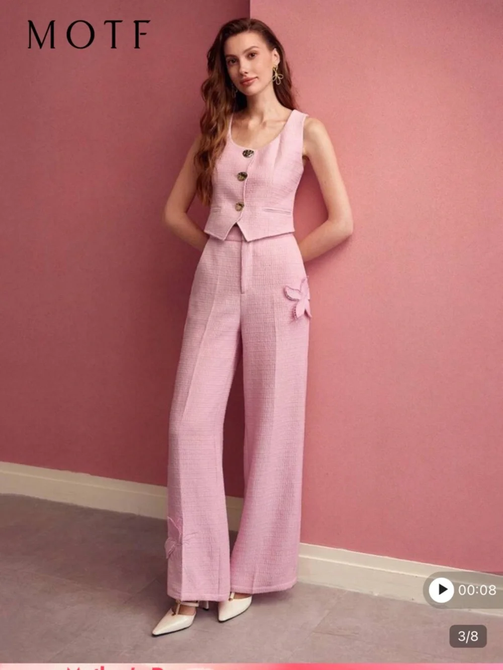 MOTF Pink Tweed Wide-Leg Feminine Pants - Picture 1 of 17